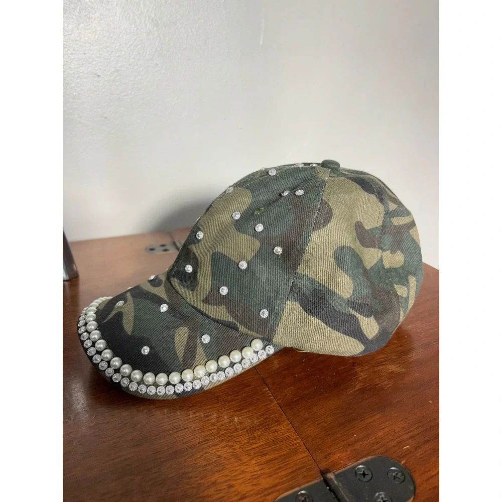 Camo Baseball Hat Womens Sz OS Green Rhinestone Pearl Excellent Bling‎